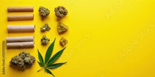 Flatlay Composition of Cannabis Buds, Rolling Papers, and Resin on Vibrant Yellow Background