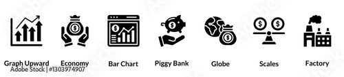 Economy glyph icon set. Graph Upward, Economy, Bar Chart, Piggy Bank, Globe, Scales, Factory