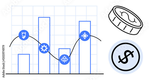Bar chart highlighting data variance over seasons with flower, sun, and snow icons accompanied by dollar coin and currency symbol. Ideal for finance, economy, data trends, planning, seasonal