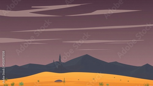 Serene Desert Landscape Under a Purple Sky - Flat Vector Illustration