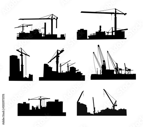 Black construction city scape silhouette, for urban development projects, architectural designs, engineering concepts, and city planning visuals