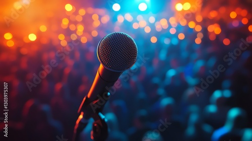 Vibrant digital scene of a microphone on a stand at a lively concert, with colorful orange, blue, and purple lighting. Perfect for music and event themes.