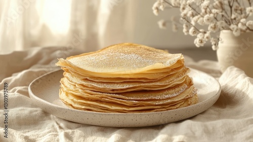 Stack of Crepes (French Pancakes) on a Plate with Copy Space