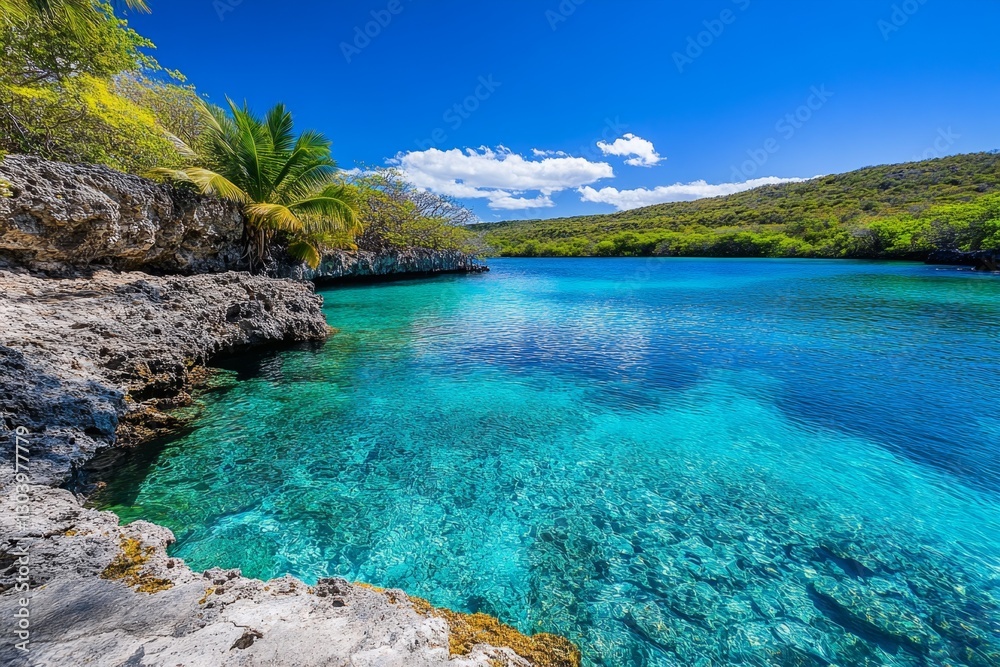 A desert oasis with lush vegetation growing around a pristine blue lagoon A desert oasis with lush vegetation growing around a pristine blue lagoon