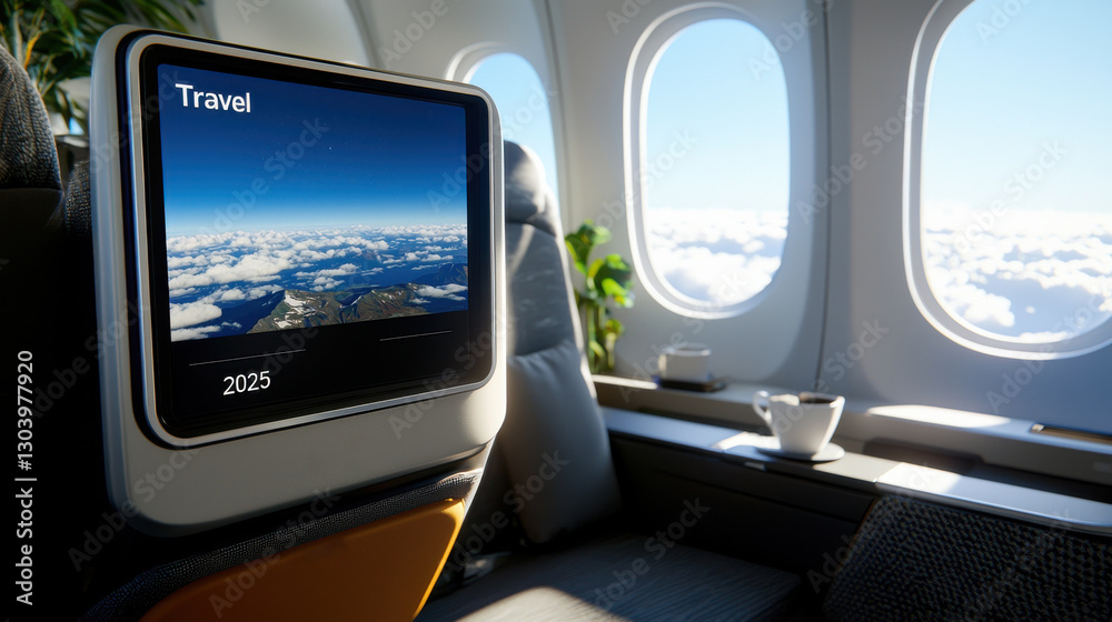 Luxurious airplane cabin with comfortable seating and scenic window view Luxurious airplane cabin with comfortable seating and scenic window view
