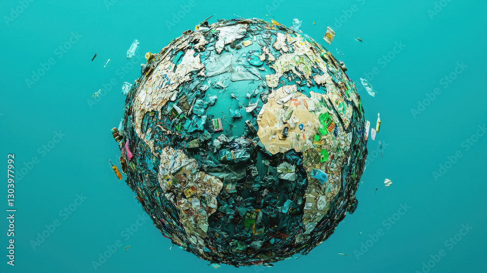 Fototapeta premium conceptual image of globe made from recycled materials, highlighting environmental issues