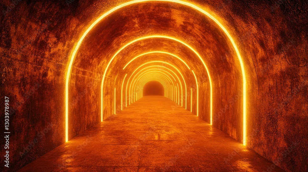 Fototapeta premium 4. Dark Corridor with Orange Neon Lighting in 3D Render