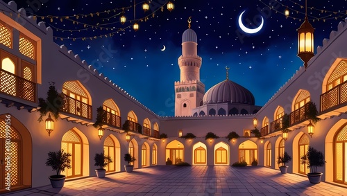 View of a peaceful Ramadan night in an old Arabian city, brightly lit courtyards, with an ornate mosque in the background, under a sky filled with a crescent moon and shining stars