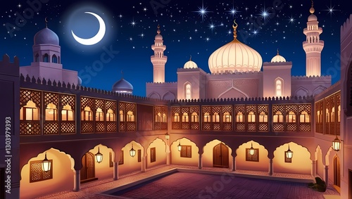 Islamic background and wallpaper of a peaceful Arabian city at night, with a beautifully lit mosque, crescent moon, and twinkling stars in the sky