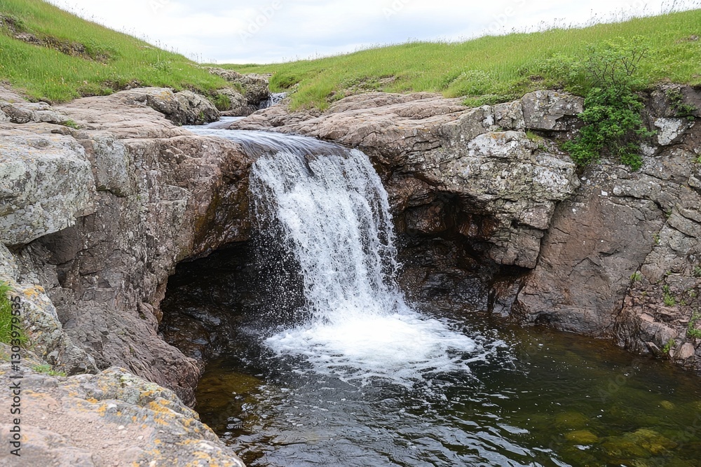 A dried-up waterfall that once flowed beautifully, now reduced to a trickle due to climate change A dried-up waterfall that once flowed beautifully, now reduced to a trickle due to climate change