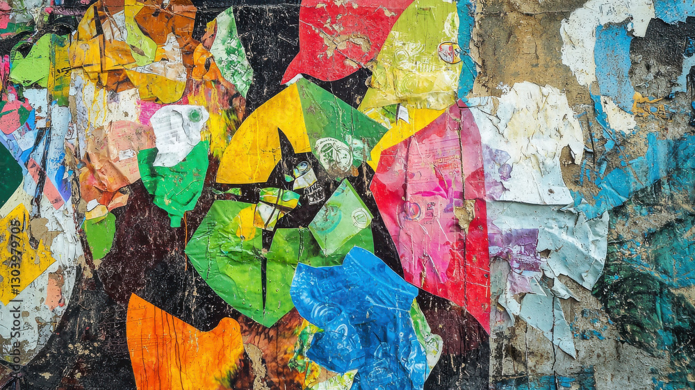 Fototapeta premium Vibrant urban mural promoting recycling with colorful paper layers