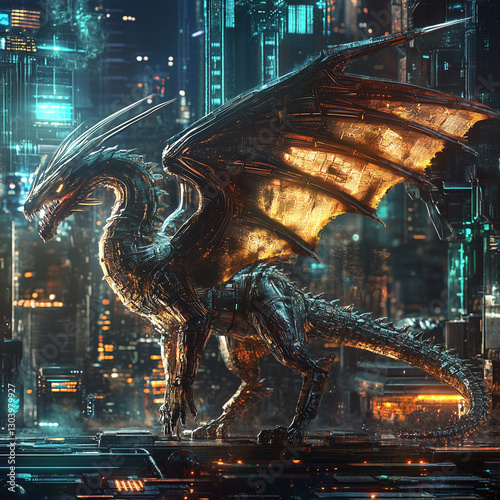 Abstract dragon in high tech background image, generative AI illustration