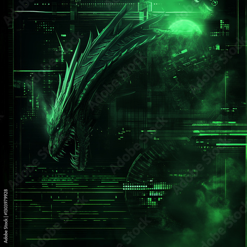 Abstract dragon in high tech background image, generative AI illustration
