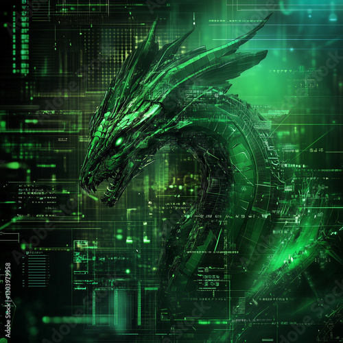 Abstract dragon in high tech background image, generative AI illustration