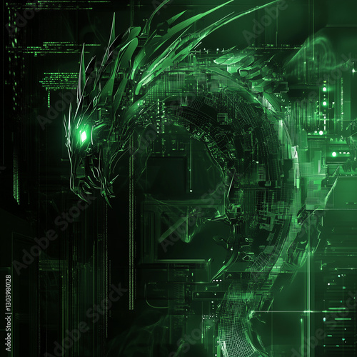 Abstract dragon in high tech background image, generative AI illustration