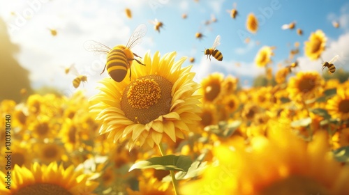 A cheerful cartoon bee with large eyes and striped body flies joyfully next to a surprised sunflower character with a round face and wide eyes,