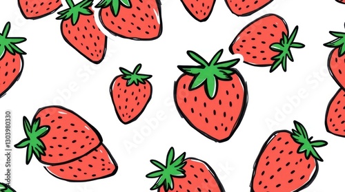 Fresh Strawberry Pattern with Sketch Style on White Background