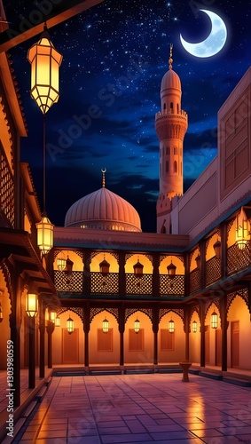 Islamic background and wallpaper of a peaceful Arabian city at night, with a beautifully lit mosque, crescent moon, and twinkling stars in the sky