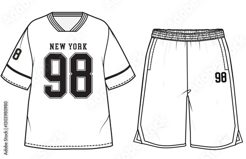 Boys sport wear set short sleeve oversized t shirt and elastic waist shorts flat sketch vector illustration technical cad drawing template