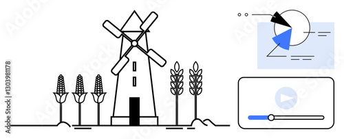 Windmill surrounded by corn and wheat crops, infographic pie chart with data visuals, media player with controls. Ideal for sustainability, agriculture, renewable energy, data analysis, e-learning