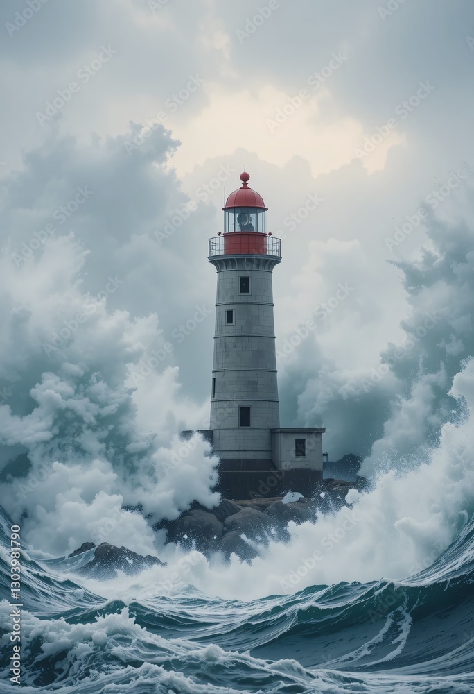Dramatic Coastal Scene. Tall Lighthouse Against A Powerful Sea. Red Dome Beacon. Weathering The Storm. A Symbol Of Resilience And Guidance. Rocky Coastline, Strength, And The Ocean's Powerful Surge. Dramatic Coastal Scene. Tall Lighthouse Against A Powerful Sea. Red Dome Beacon. Weathering The Storm. A Symbol Of Resilience And Guidance. Rocky Coastline, Strength, And The Ocean's Powerful Surge.