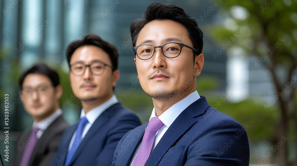 Three Businessmen In Formal Attire Looking Ahead Outdoors Three Businessmen In Formal Attire Looking Ahead Outdoors