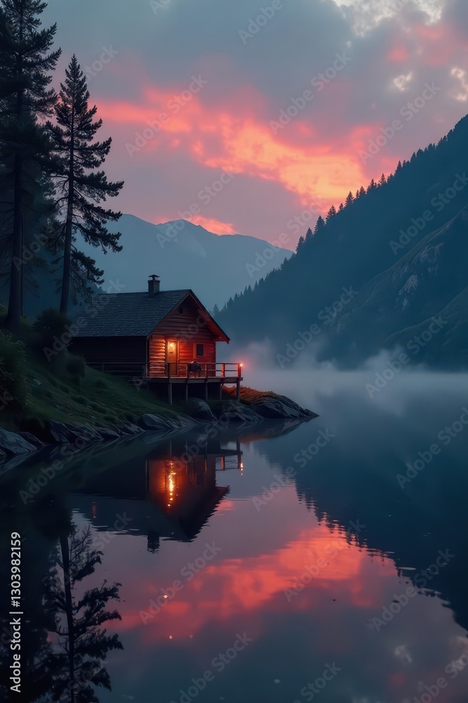 Fototapeta premium Warm lamplight glows on lakeside cabin at dawn, mist rising , reflection, warm, interior