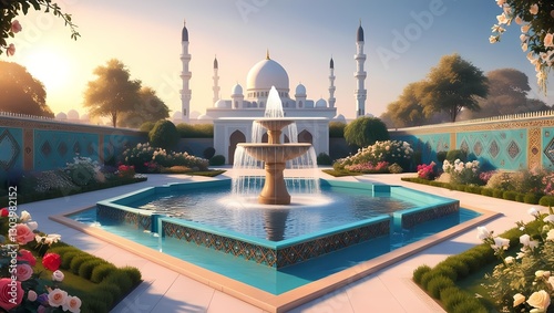 A serene Islamic garden with a flowing fountain, surrounded by intricate geometric tile patterns, vibrant flowers, and an elegant mosque visible in the distance, bathed in soft morning light