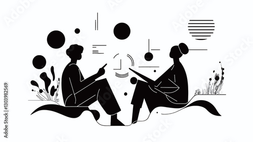The image is a minimalist black and white illustration depicting two silhouetted figures seated facing each other. They appear to be engaged in conversation or contemplation.  The figures