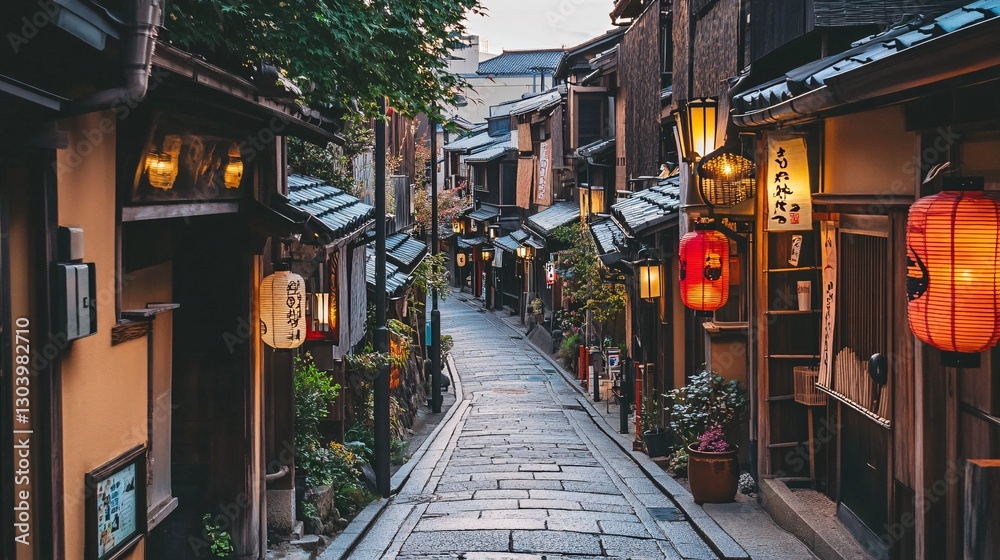 Obraz premium Serene Alleyway in Historic Kyoto: Charming Streetscapes Capturing Traditional Architecture, Lanterns, and Lush Greenery in Vibrant Japanese Culture
