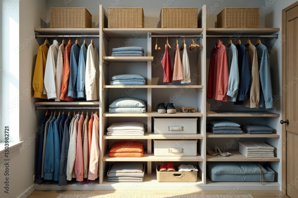 Organized closet shelves with folded clothes and storage bins, shelves, baskets Organized closet shelves with folded clothes and storage bins, shelves, baskets