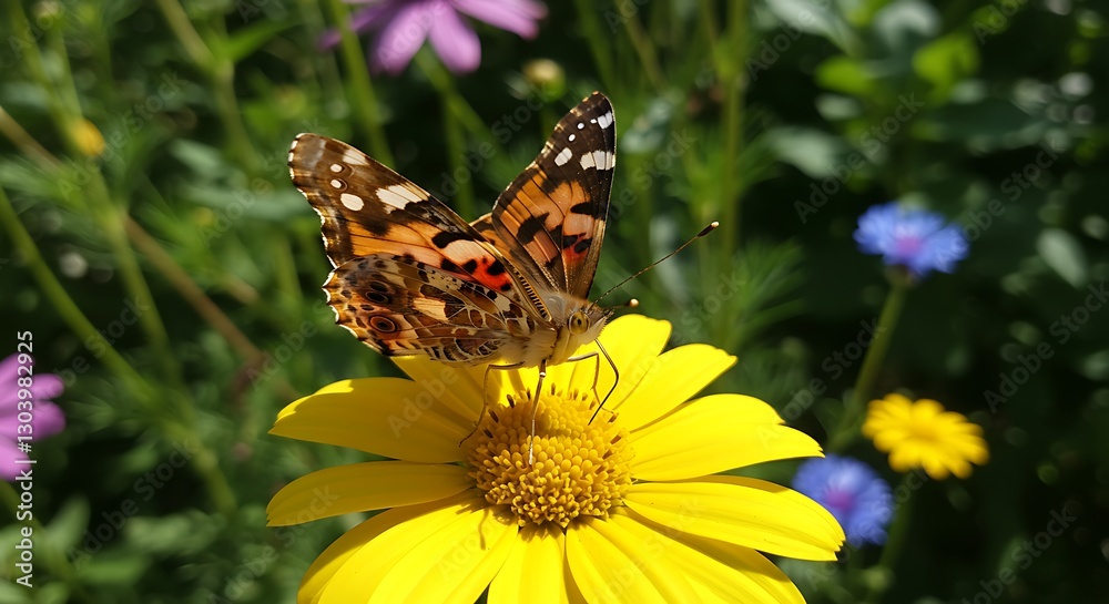 Butterfly Resting on a Yellow Daisy in a Sunny Garden Scene Butterfly Resting on a Yellow Daisy in a Sunny Garden Scene