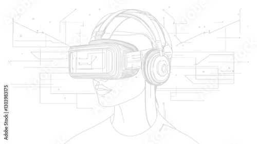 A grayscale line drawing depicts a person's head and shoulders wearing a virtual reality headset and headphones. The style is minimalist with clean lines and a lack of detailed shading or