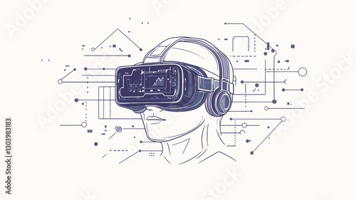 Line art illustration of a person's head and shoulders wearing a virtual reality headset and headphones. The illustration is in shades of blue-grey against a white background.  Circuit