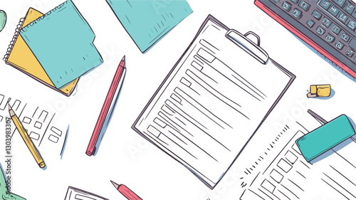 The image is a flatlay illustration depicting various office supplies and documents arranged on a white background.  The style is hand-drawn, with sketched elements in pastel colors. Items