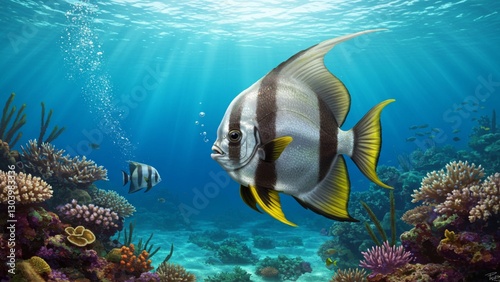 A breathtaking underwater image of a Batfish swimming gracefully in its natural ocean habitat