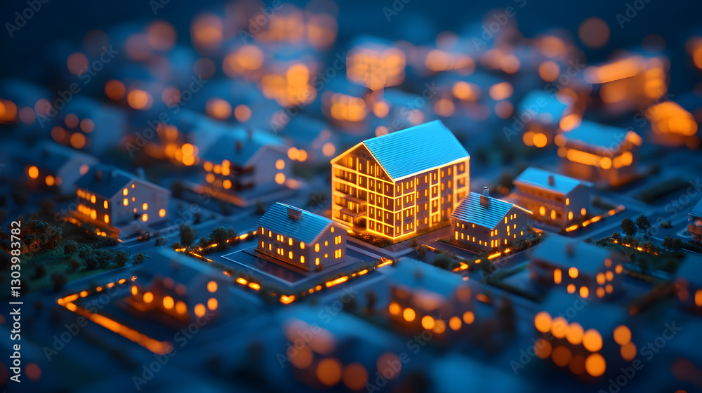 Obraz premium Nighttime miniature cityscape artistic perspective of illuminated urban architecture