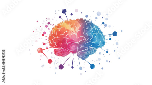 An illustration depicting a stylized human brain rendered in a watercolor or paint-like style. The brain is predominantly rendered in shades of pink, orange, blue, and purple, with