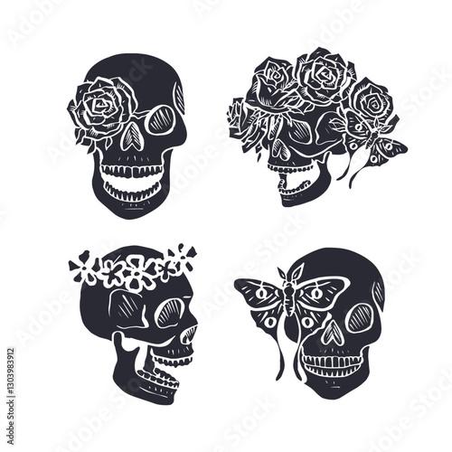 Hand drawn black silhouette floral human skulls with rose wreath bundle isolated on white background. Monochrome skeleton heads with flowers design set