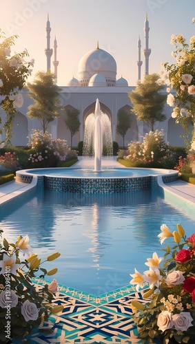 A serene Islamic garden with a flowing fountain, surrounded by intricate geometric tile patterns, vibrant flowers, and an elegant mosque visible in the distance, bathed in soft morning light