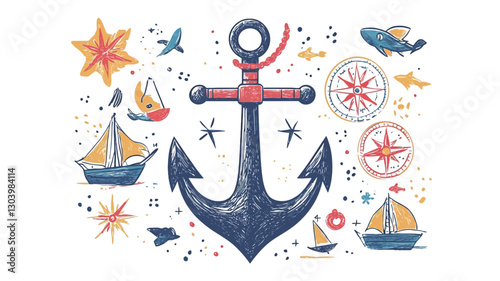 A digital illustration featuring a large, dark-blue anchor as the central element. The anchor is depicted in a hand-drawn or sketched style with visible texture and shading.  Surrounding