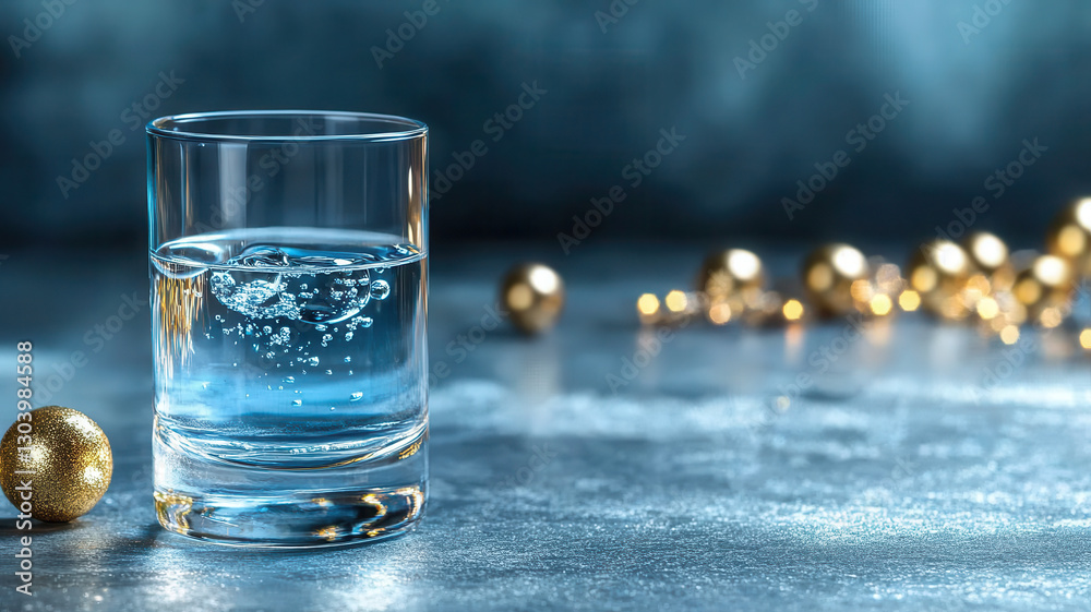 glass of water on soft gray table with golden decorations, creating serene atmosphere glass of water on soft gray table with golden decorations, creating serene atmosphere