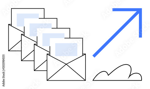 Open envelopes with letters organized in a row moving upward toward a rising blue arrow above a cloud. Ideal for email marketing, growth, communication, networking, organization, progress