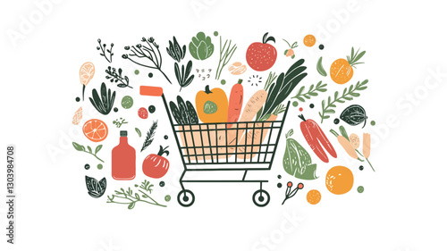 A stylized vector illustration depicting a shopping cart overflowing with various fresh fruits, vegetables, and herbs. The items are depicted in a simplified, flat style with muted, earthy