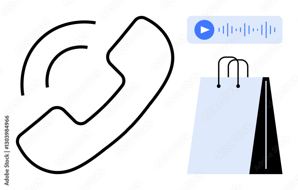 Obraz premium Phone receiver with sound wave graphic and shopping bag illustrating communication, voicemail, retail, customer service, online shopping, digital interaction, marketing. Ideal for tech support