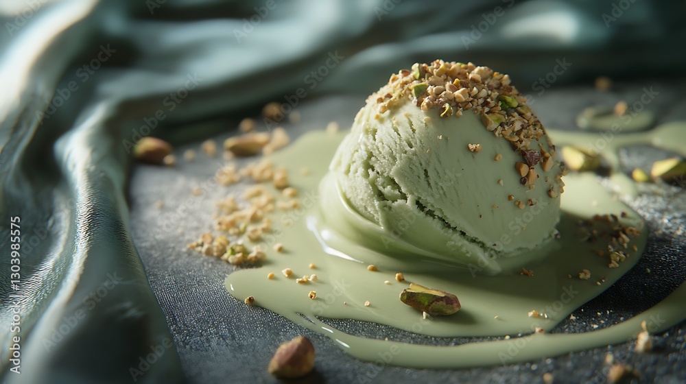 Fototapeta premium Scoop of Pistachio Ice Cream Melts on Textured Gray Surface