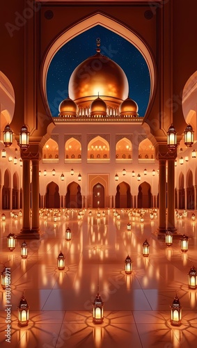Enchanted Islamic palace wallpaper and background with intricate golden domes, marble floors, and glowing lanterns at night