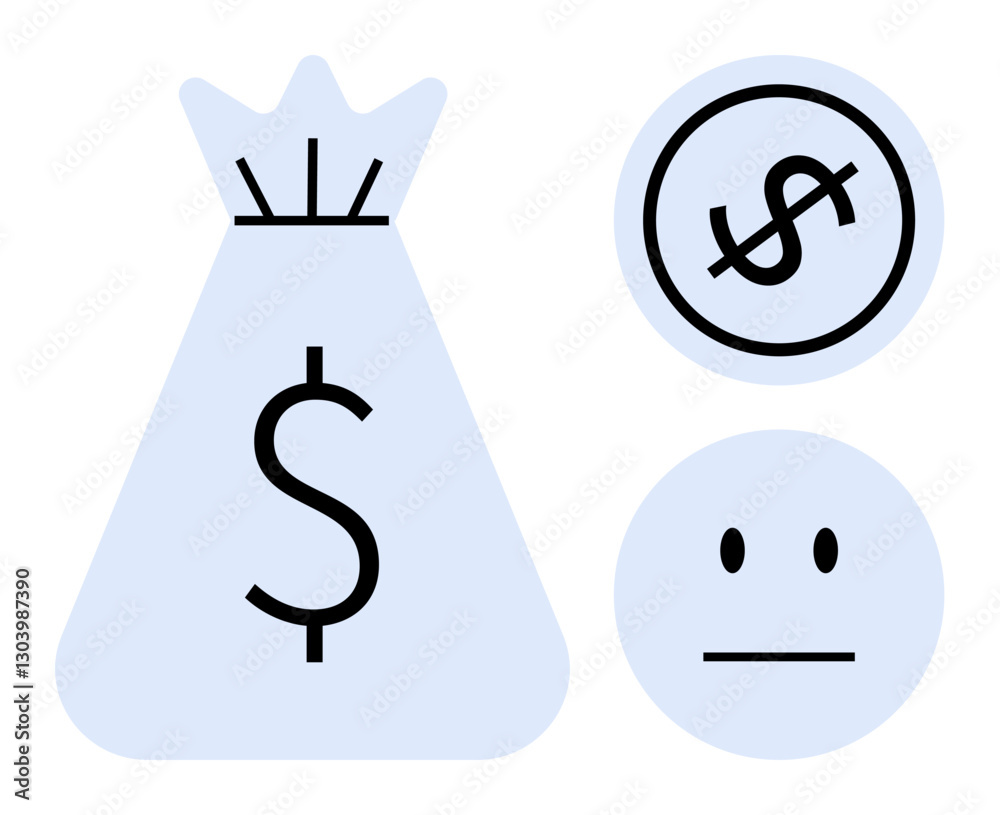 Money bag with dollar mark, emotionless face, and circle with dollar. Ideal for finance, saving, investment, budgeting, business planning, income economic health flat simple metaphor Money bag with dollar mark, emotionless face, and circle with dollar. Ideal for finance, saving, investment, budgeting, business planning, income economic health flat simple metaphor
