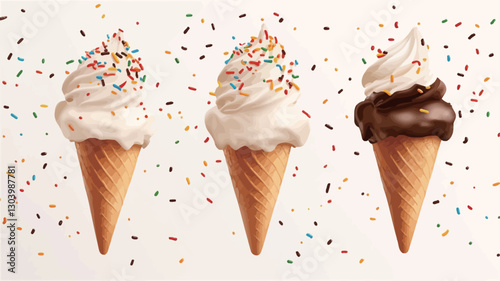 A digital illustration depicts three ice cream cones against a white background. Two cones feature soft-serve ice cream topped with multicolored sprinkles. The third cone has soft-serve ice