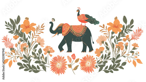 A digital illustration featuring a dark gray elephant adorned with a patterned saddle, upon which a peacock perches.  The elephant and peacock are centrally positioned against a white